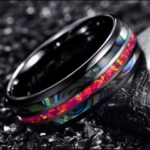 MENS WEDDING RED FIRE OPAL BLUE ABALONE TITANIUM!!